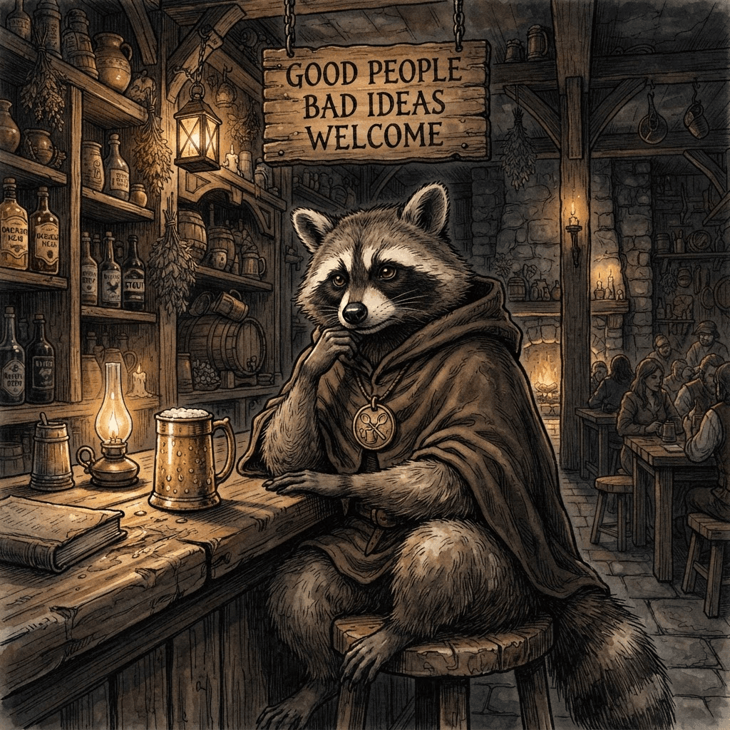 The Keeper, a raccoon behind the tavern bar